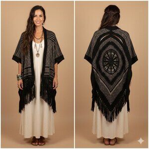 Anthropologie Angel Of The North Knit‎ Fringe Poncho Cardigan Galena One Sz Boho